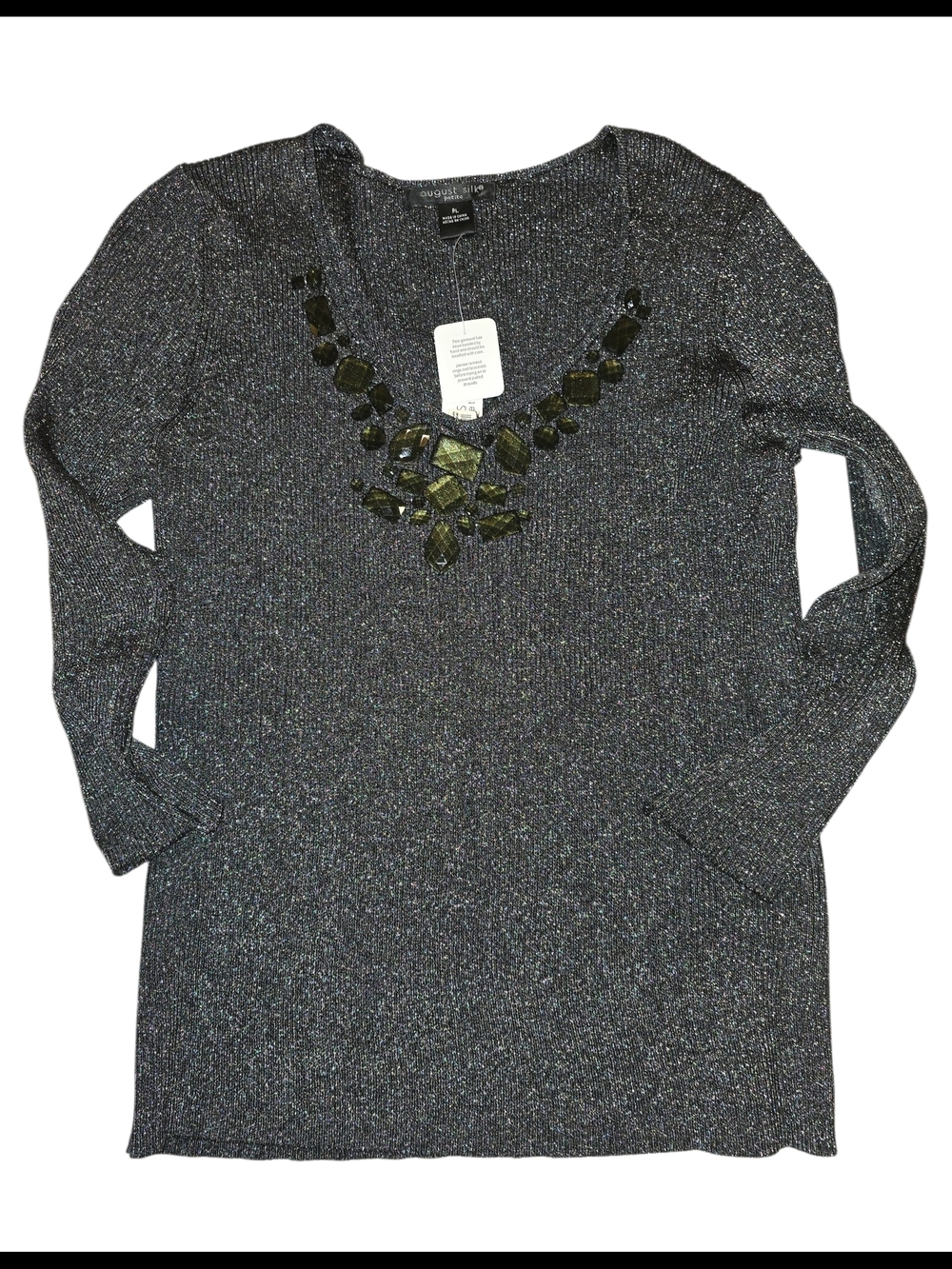 august silk Metallic Black Long Sleeve Sweater with Jeweled V-Neck